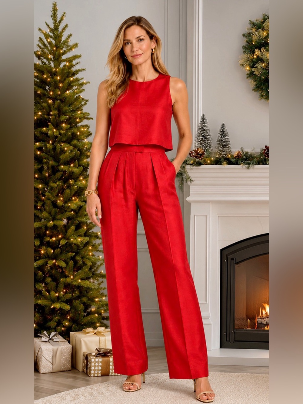 NWT Julia Amory Deco Silk Pants Fiery Red High Rise Pleated Small $368